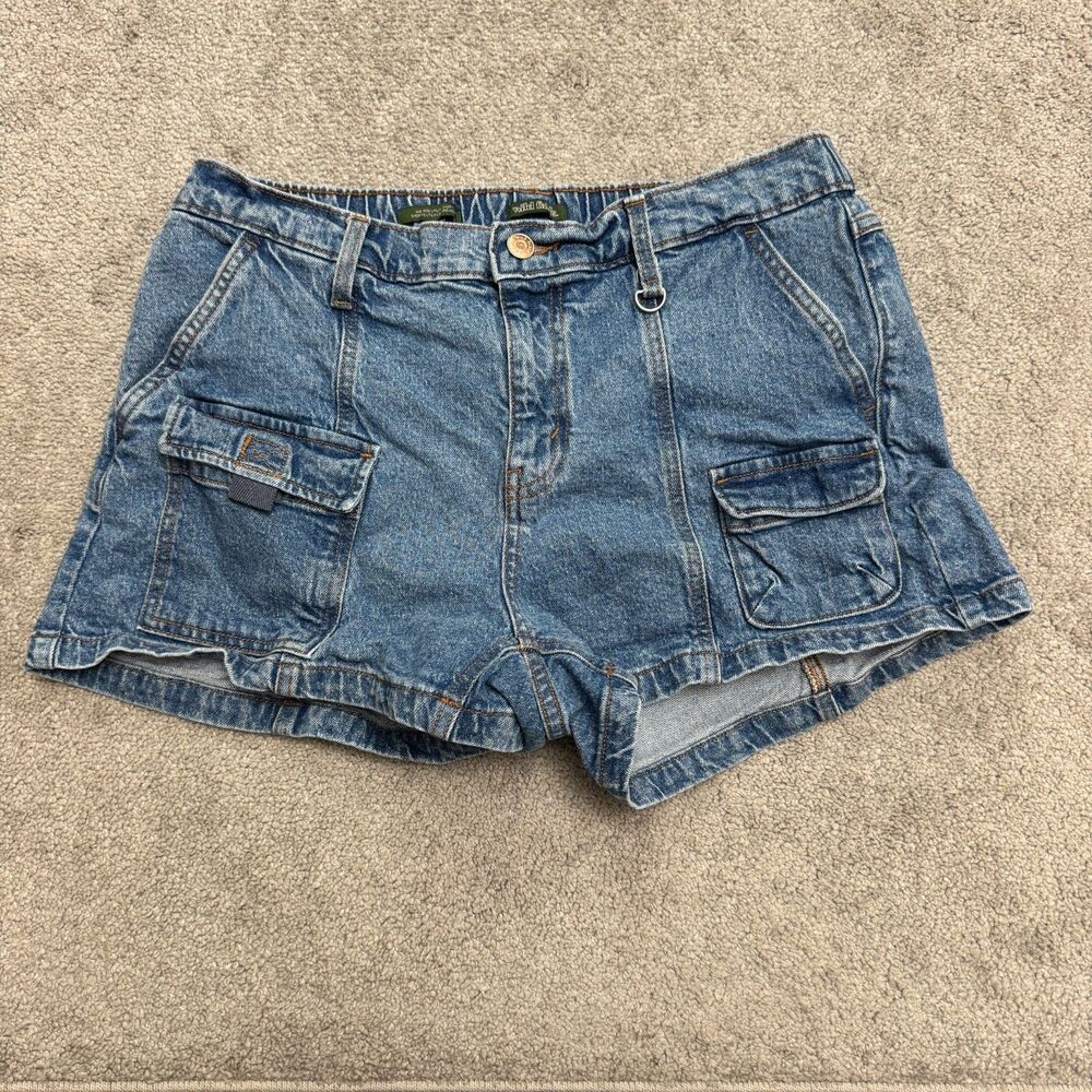 Wild Fable Mid Rise Utility Denim Shorts Womens Small Elastic Waist Cargo Blue